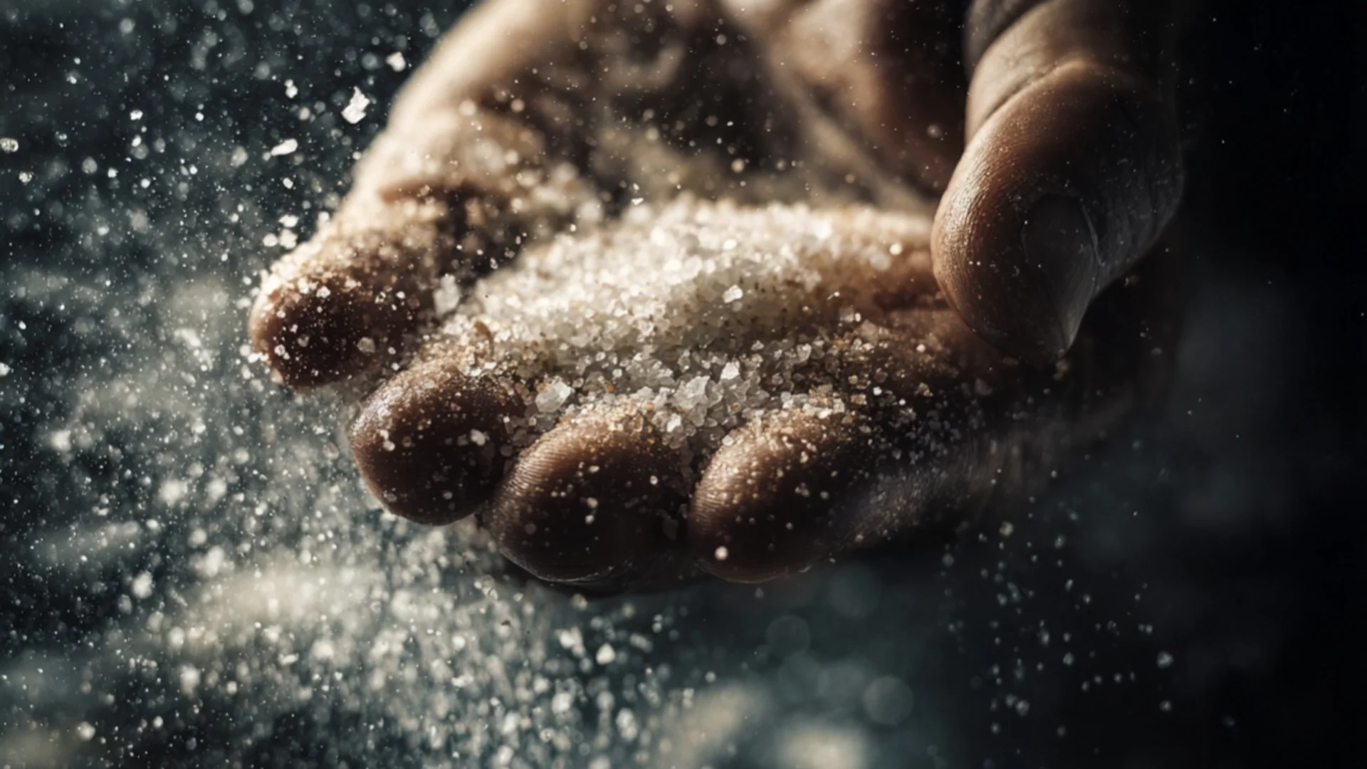 Gastgeber Hand hält grobes Salz, das in der Luft verstreut wird