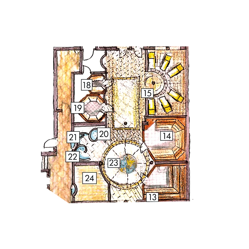 Floor plan of a wellness area with saunas, relaxation zones, and showers