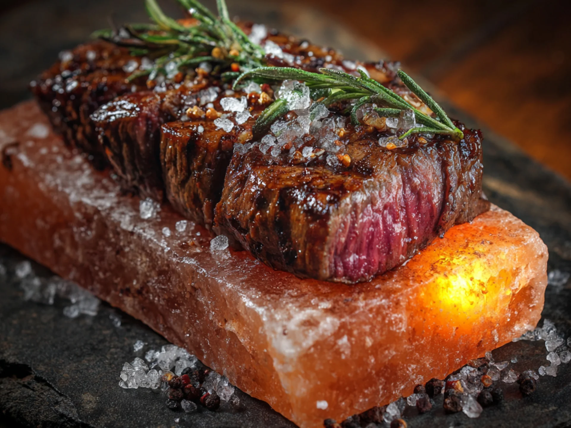 Die Bilder aus dem Hotel Salnerhof Gegrilltes Steak mit Rosmarin und grobem Salz auf einem leuchtenden Himalaya-Salzblock