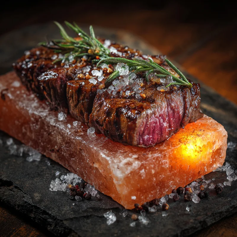 Ihr liebstes Restaurant in Ischgl Gegrilltes Steak mit Rosmarin und grobem Salz auf einem leuchtenden Himalaya-Salzblock