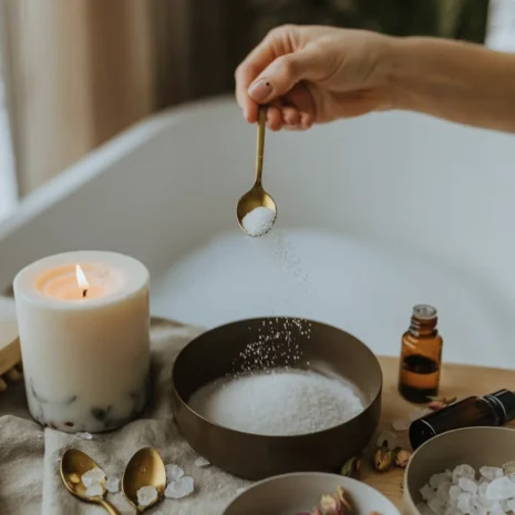 Zeit Hand streut Salz in Schale mit Spa-Zutaten und brennender Kerze