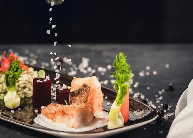 Der Salnerhof – das Hotel in Ischgl Gourmetgericht mit Fisch, Gemüse und grobem Salz auf schwarzem Teller