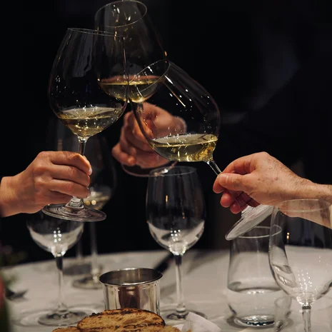 Hier sind Weinliebhaber genau richtig. Drei Personen stoßen mit Weißweingläsern bei einem Abendessen an