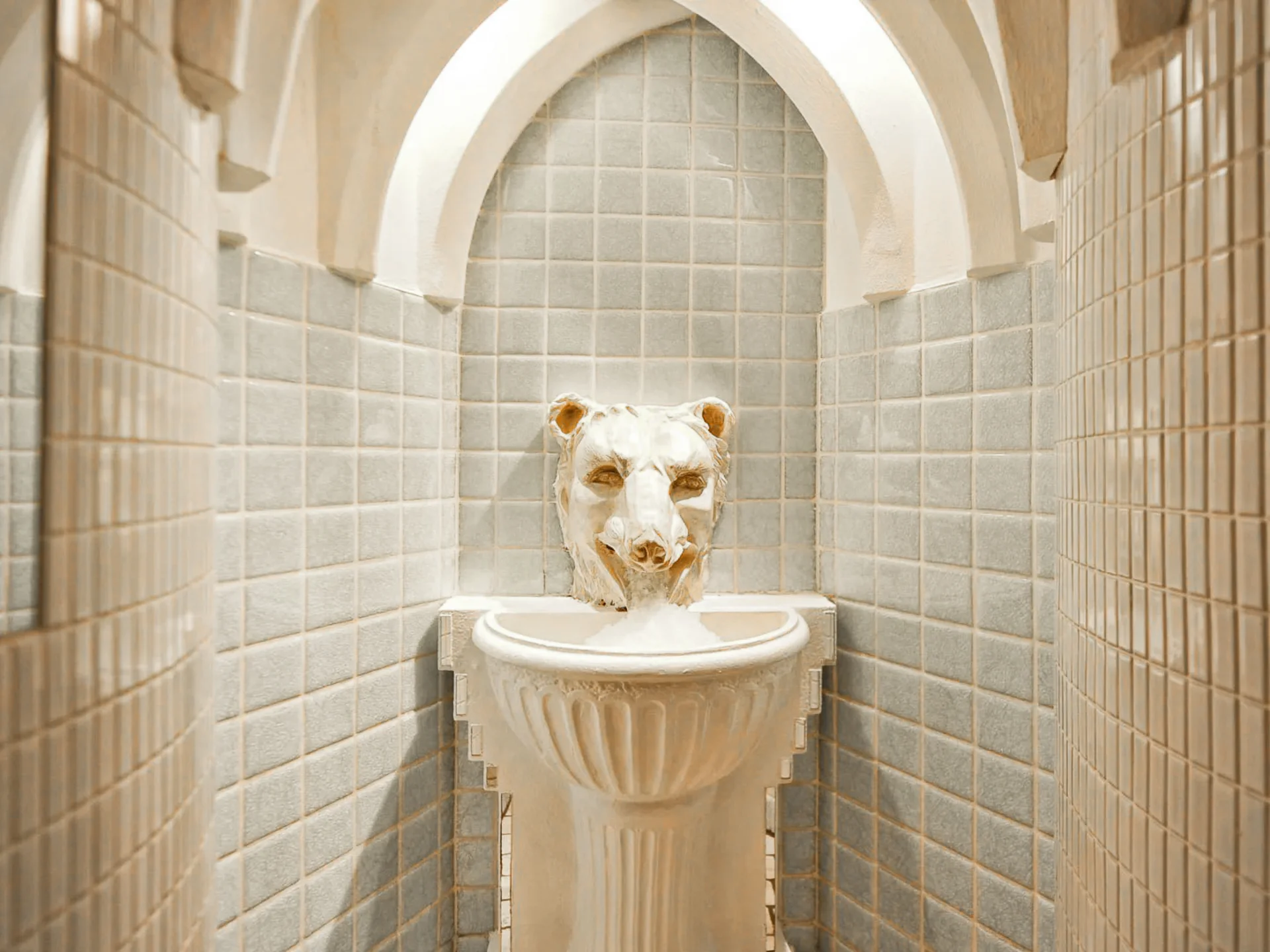 Die Bilder aus dem Hotel Salnerhof Wasserbrunnen mit Löwenkopf in einem mit Fliesen verkleideten Raum
