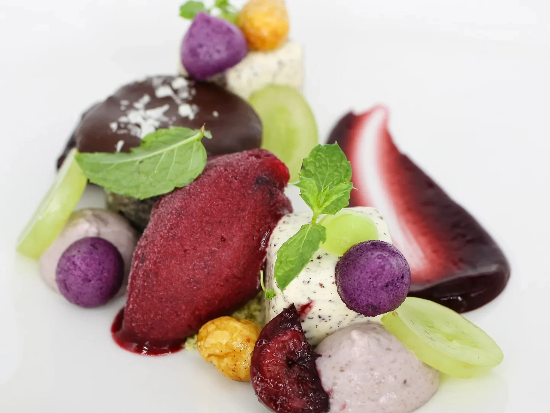 Die Bilder aus dem Hotel Salnerhof Feines Dessert mit Beeren, Minzblättern und Fruchtsauce auf weißem Teller