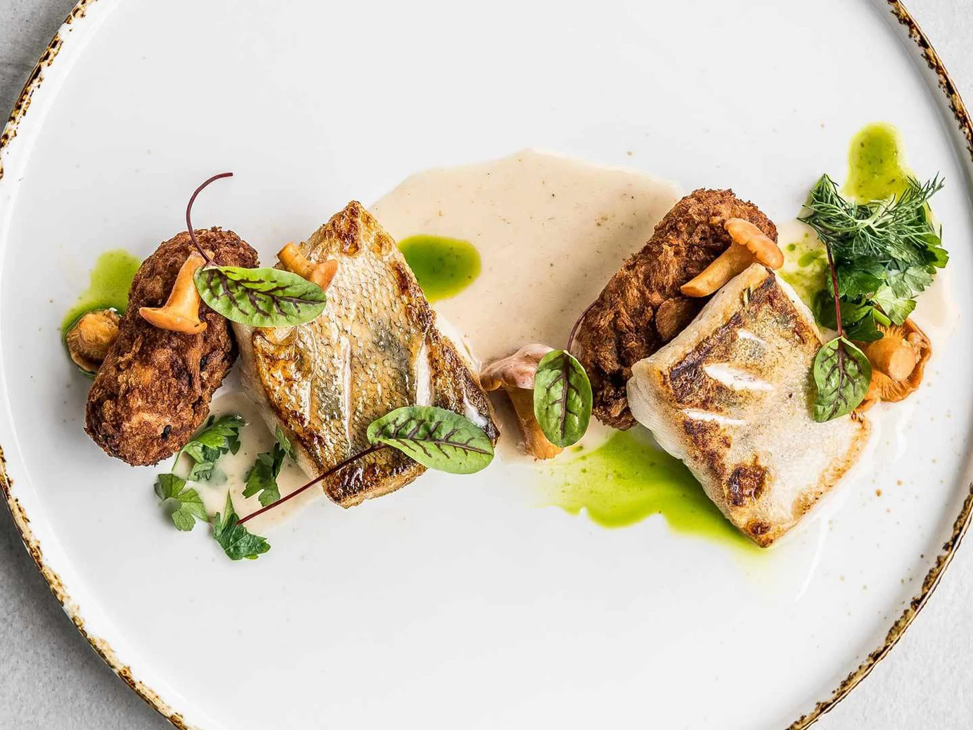 Die Bilder aus dem Hotel Salnerhof Fein angerichteter Teller mit gebratenem Fisch, Kroketten, Pilzen und Kräutern
