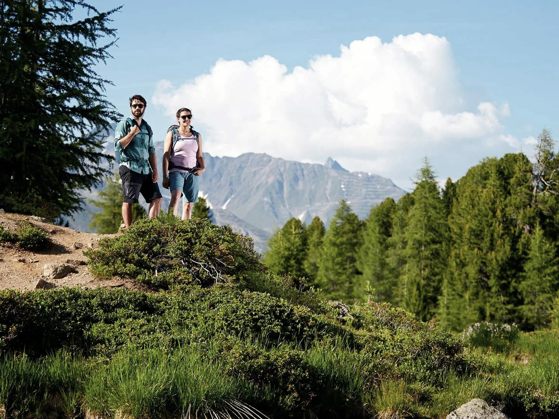 Pictures from Hotel Salnerhof Two hikers on a trail with mountains and trees in the background