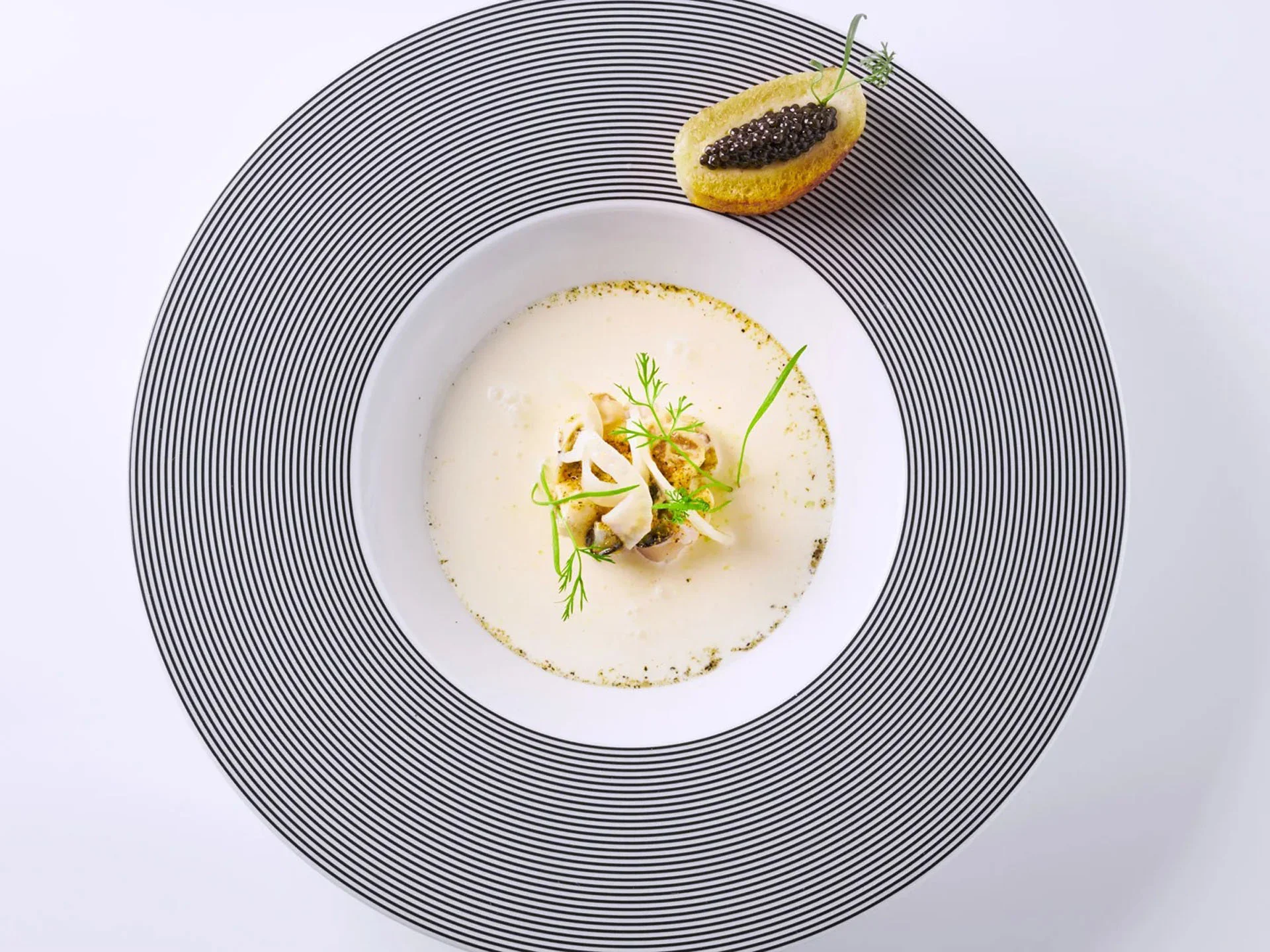 Die Bilder aus dem Hotel Salnerhof Feine Suppe mit Kräutern und Kaviar auf dekorativem Teller angerichtet