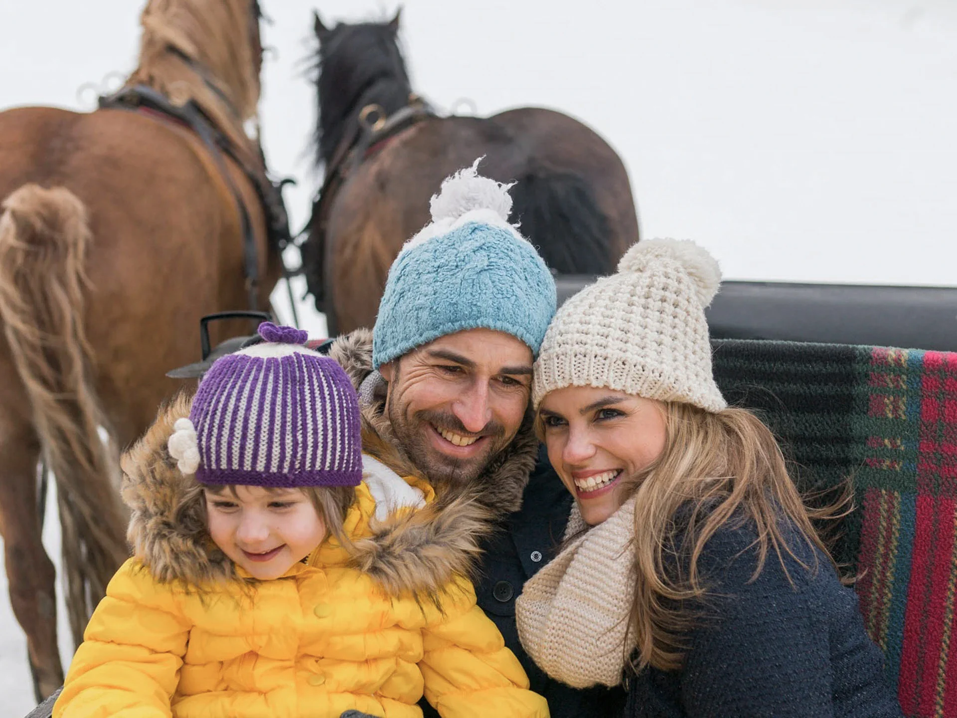 Die Bilder aus dem Hotel Salnerhof Glückliche Familie mit Kind bei Kutschfahrt im Winter mit Pferden