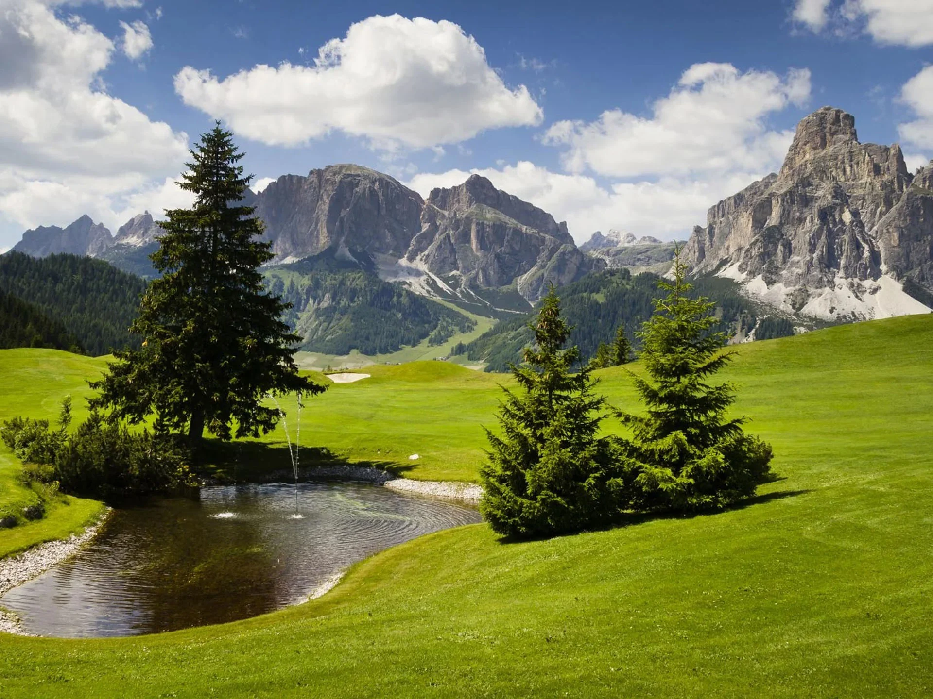 Die Bilder aus dem Hotel Salnerhof Grüne Wiese mit kleinen Tümpeln und Bergen im Hintergrund unter blauem Himmel