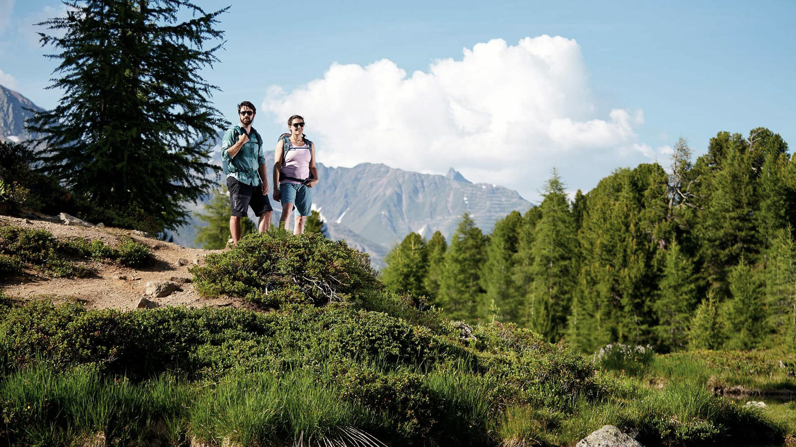 Die Bilder aus dem Hotel Salnerhof Zwei Wanderer auf einem Pfad mit Bergen und Bäumen im Hintergrund
